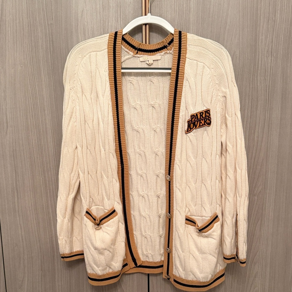Maje Cream Cable Knit Cardigan with Tan & Black Trim